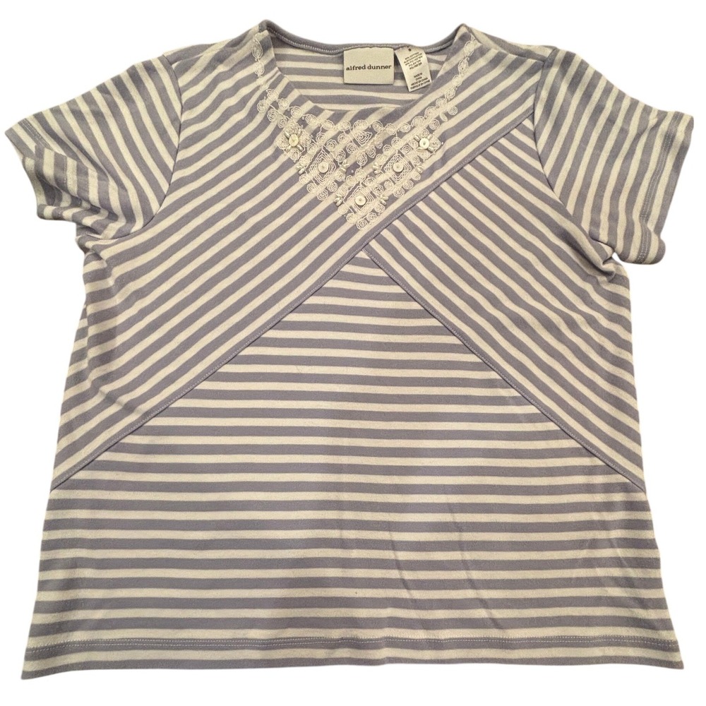 Alfred Dunner Purple White Striped Short Sleeve Top Embroidered V-Neck Small